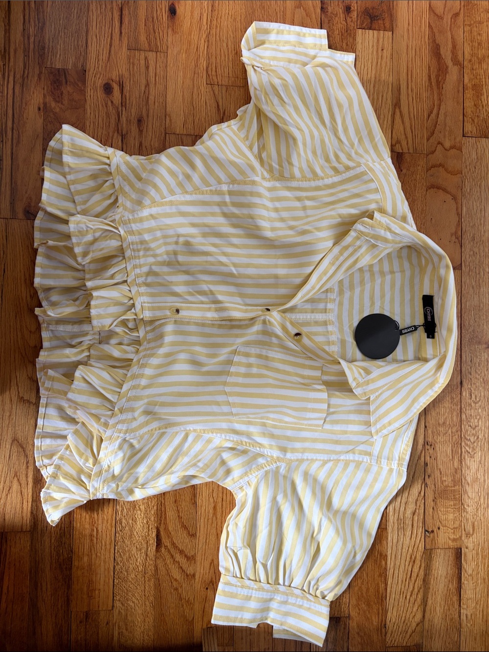 Striped Yellow & White Ruffle Hem Women's Button-Up Top